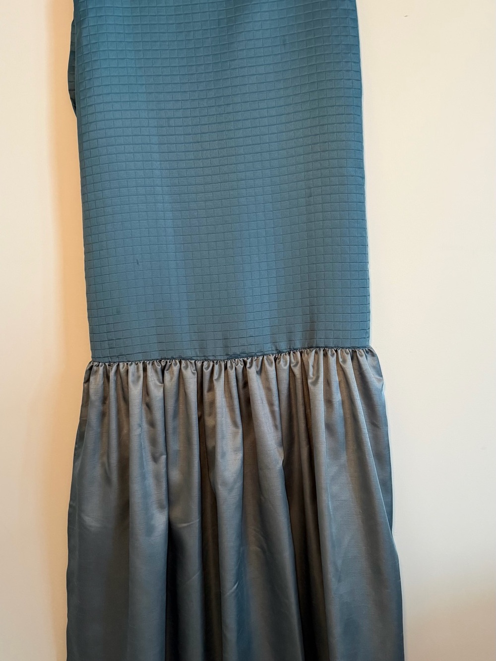La Femme Teal Textured Bodice Dress with Satin Ruffle Hem